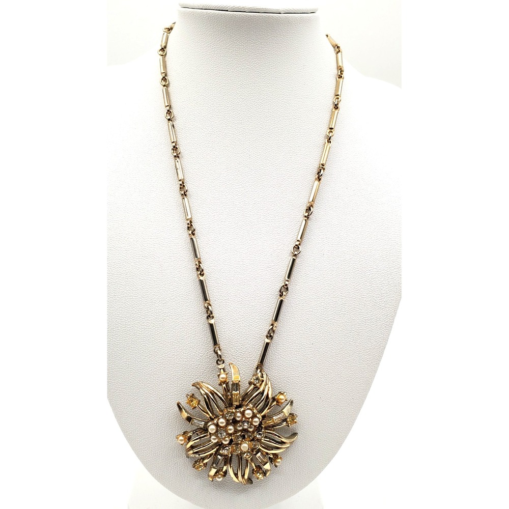 Vintage Coro Star Burst Statement Necklace Faux Pearls Rhinestones 14"
